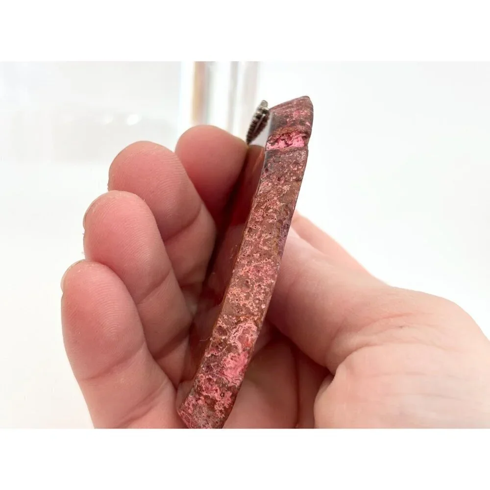 Red Sliced Agate Smooth Crystal Freeform Large Silver Toned Vintage Pendant